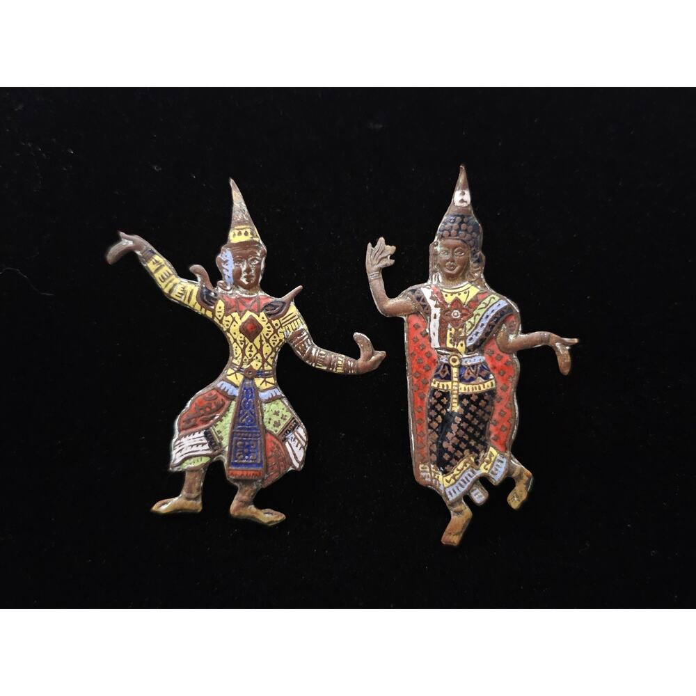 Vintage Designer Siam Enamel Thai Dancer Couple Brooch Pin Set of 2